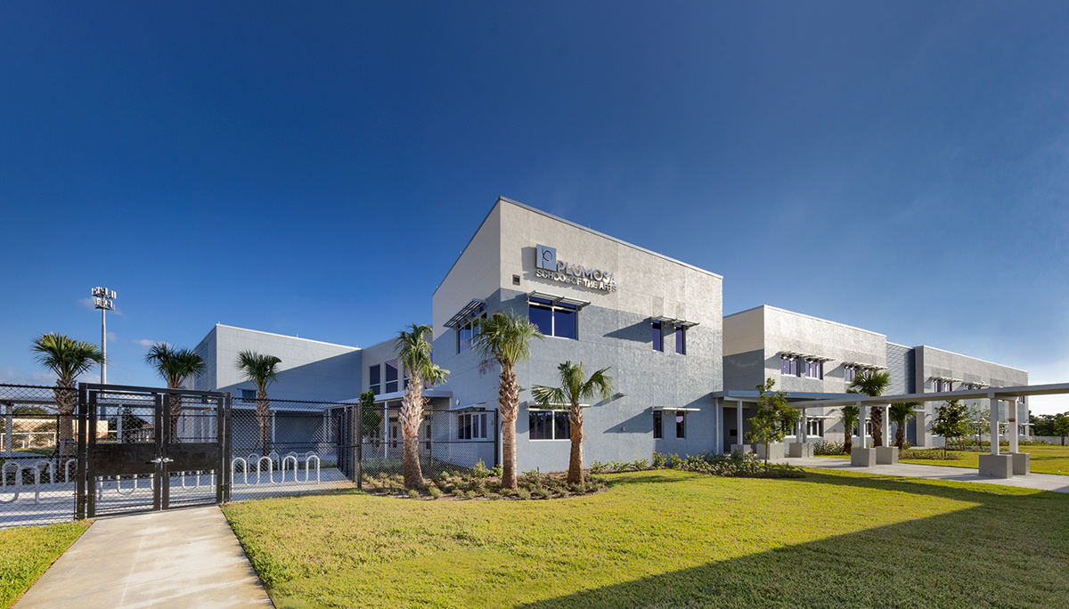 Architectural view of the Plumosa School of the Arts in Delray Beach. FL.